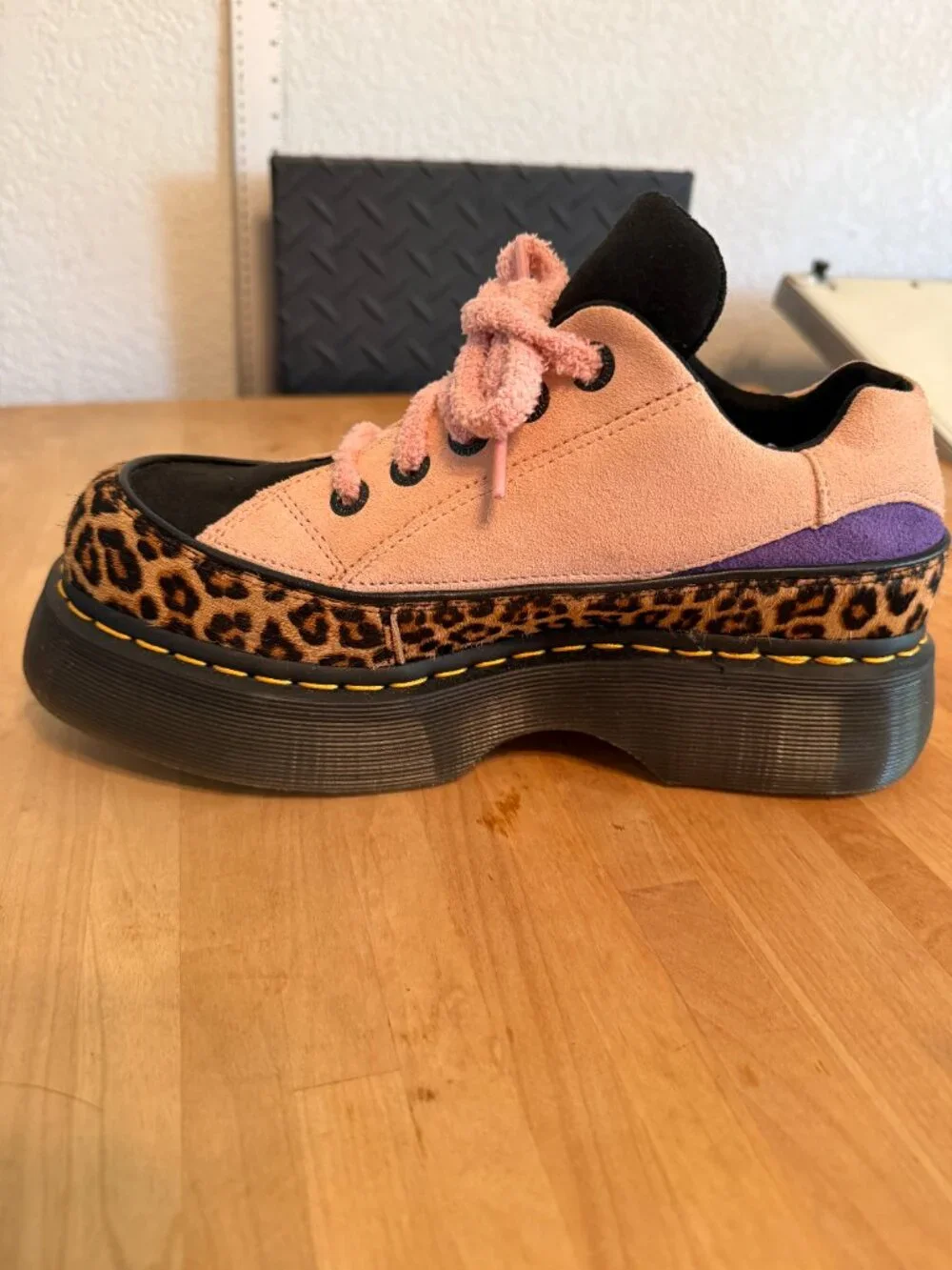 Dr. Marten s Buzz 5-Eye Pink Suede and Leopard Hair Platform Shoe - RARE